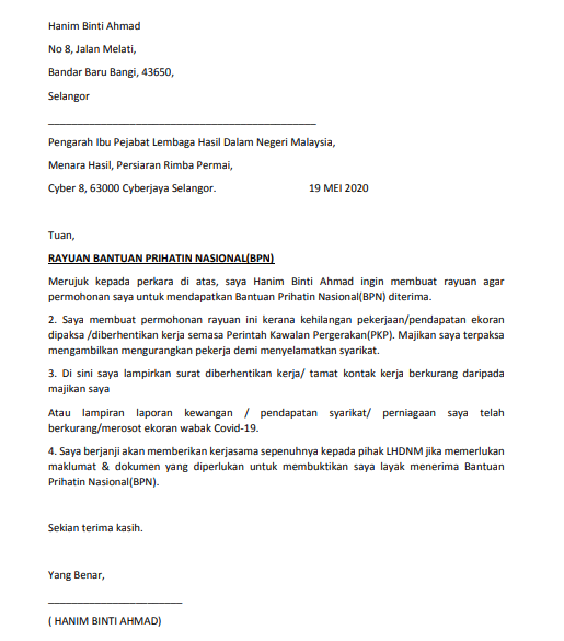 Contoh Surat Rayuan BPN Untuk Anda Hantar Kepada LHDN