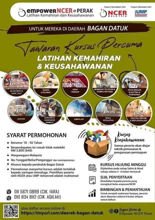 Tawaran Latihan Kemahiran & Keusahawanan NCER. Pelbagai Kursus Percuma Ditawarkan