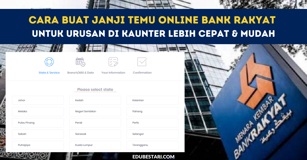 Anda perlu berurusan di kaunter Bank Rakyat? Bank Rakyat kini menyediakan kemudahan untuk pelanggan membuat janji temu secara online sebelum hadir ke kaunter Bank Rakyat secara fizikal. Lebih mudah dan cepat urusan anda selepas ini, pastikan anda buat janji temu dulu sebelum ke kaunter! Langkah ini juga adalah bagi mengurangkan kesesakan pelanggan di cawangan Bank Rakyat sekaligus mengekang penularan wabak Covid-19. Orang ramai dinasihatkan untuk tidak terus hadir ke kaunter Bank Rakyat tanpa temu janji. Ikuti perkongsian di bawah untuk panduan membuat janji temu Bank Rakyat secara online. JENIS PERKHIDMATAN BANK RAKYAT Pelanggan boleh buat e-Janji Temu Online Bank Rakyat untuk urusan perkhidmatan berikut: Pembukaan akaun baru Pengeluaran/ Simpanan Penghantaran wang (IBG/ Rentas/ Remittance) Perkhidmatan Tabung Haji Permohonan Pembiayaan-i Permohonan Penyata Akaun Penggantian Kad-Debit-i Susulan Kredit (Bayaran Ansuran/ Perundingan) Deposit Syiling (hanya terdapat di cawangan tertentu) CARA BUAT TEMUJANJI ONLINE BANK RAKYAT Berikut adalah panduan membuat janji temu secara online untuk berurusan di kaunter Bank Rakyat: Pergi ke laman web https://appointment.bankrakyat.com.my/new Pilih negeri anda dan klik Next Step Pilih Cawangan Bank Rakyat berdekatan anda Pilih tarikh dan masa temu janji, klik Next Step Isi maklumat diminta dan klik Next Step Buat pengesahan di bahagian Confirmation. Cetak atau simpan slip janji temu anda untuk rujukan pada hari temu janji nanti. Mudah kan? Urusan anda pasti lebih pantas apabila anda membuat janji temu. Semoga bermanfaat!