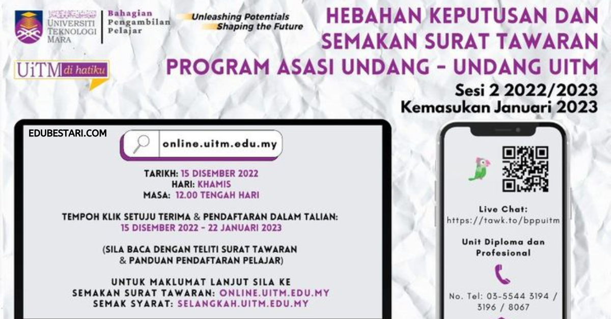 Semakan Keputusan Permohonan Program Asasi Undang-Undang UiTM Dibuka